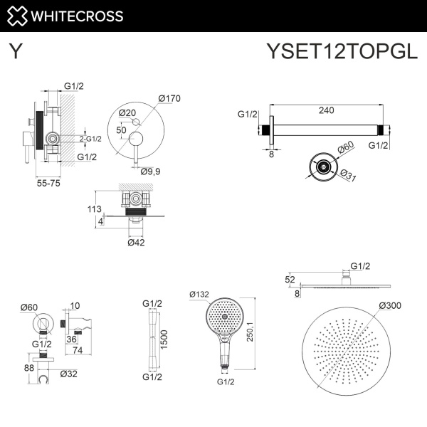 Душевой комплект с ручным и тропическим душем WHITECROSS Y YSET12TOPGL золото гленцевое