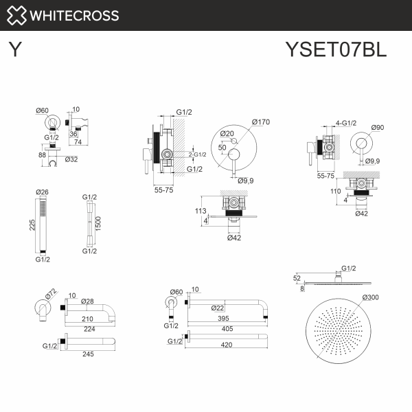 Душевой комплект с тропическим душем и изливом WHITECROSS Y YSET07BL черный матовый