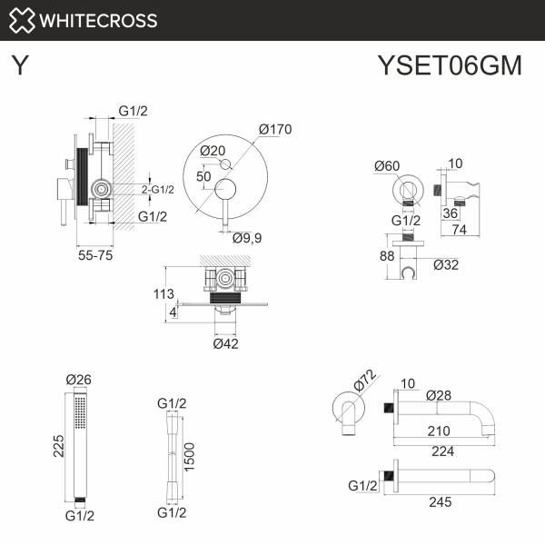 Душевой комплект с изливом и ручным душем WHITECROSS Y YSET06GM графит