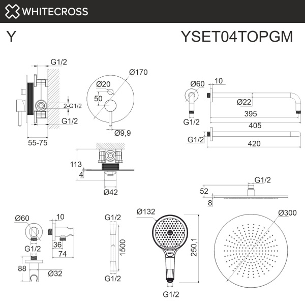 Душевой комплект с ручным и тропическим душем WHITECROSS Y YSET04TOPGM графит