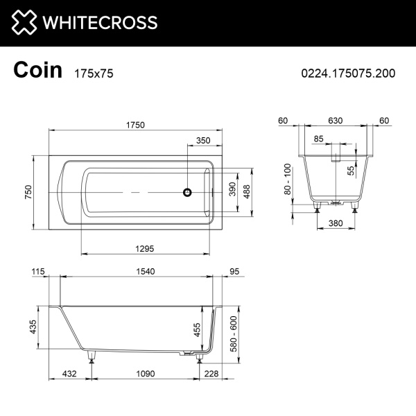 Ванна из искуственного камня WHITECROSS Coin 0224.175075.200 175х75 белый матовый