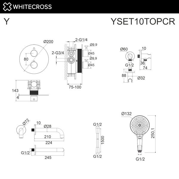 Душевой комплект с термостатом и изливом WHITECROSS Y YSET10TOPCR хром