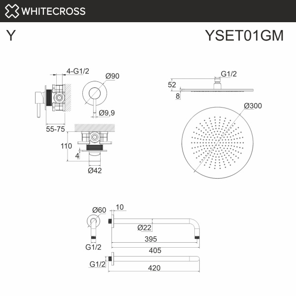 Душевой комплект с тропическим душем WHITECROSS Y YSET01GM графит