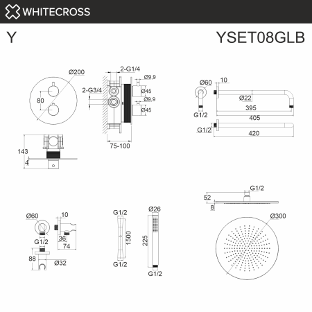Душевой комплект с термостатом и тропическим душем WHITECROSS Y YSET08GLB золото брашированное