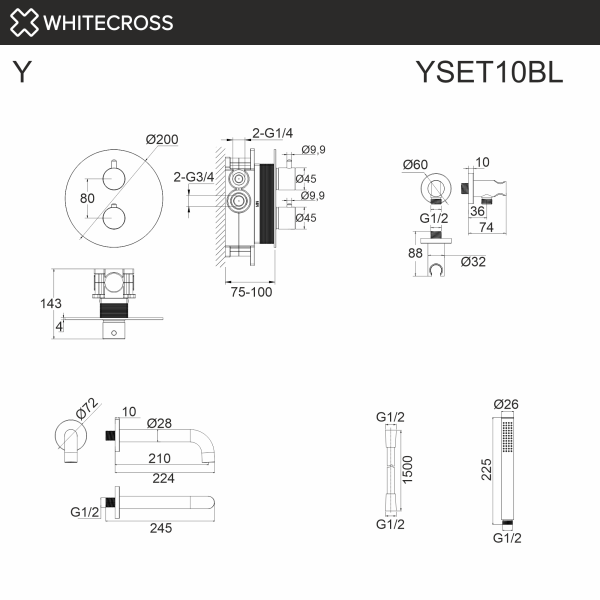 Душевой комплект с термостатом и изливом WHITECROSS Y YSET10BL черный матовый
