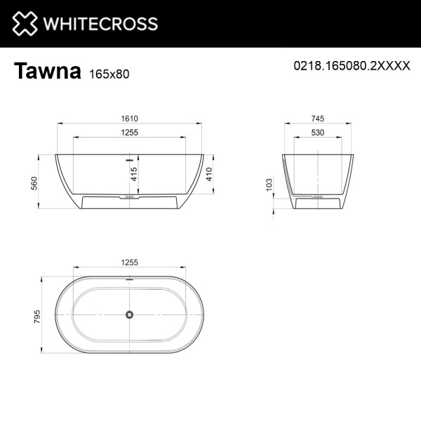 Ванна из искуственного камня WHITECROSS Tawna 0218.165080.2XXXX 165х80 RAL матовый