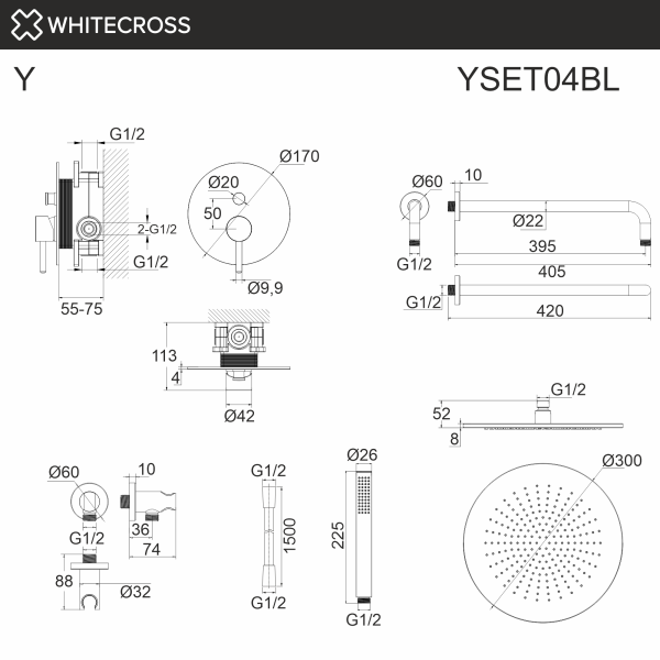 Душевой комплект с ручным и тропическим душем WHITECROSS Y YSET04BL черный матовый