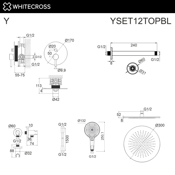 Душевой комплект с ручным и тропическим душем WHITECROSS Y YSET12TOPBL черный матовый