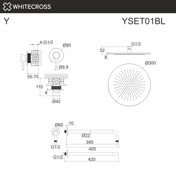 Душевой комплект с тропическим душем WHITECROSS Y YSET01BL черный матовый