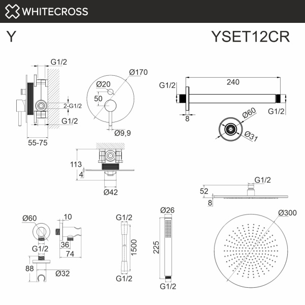 Душевой комплект с потолочным тропическим душем WHITECROSS Y YSET12CR хром