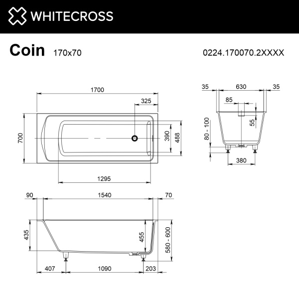 Ванна из искуственного камня WHITECROSSCoin 0224.170070.2XXXX 170х70 RAL матовый