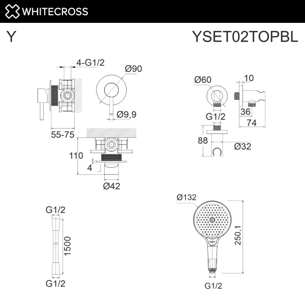 Душевой комплект с ручным душем WHITECROSS Y YSET02TOPBL черный матовый