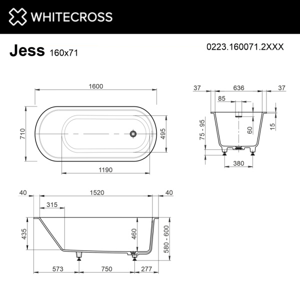 Ванна из искуственного камня WHITECROSS Jess 0223.160071.2XXXX 160х71 RAL матовый