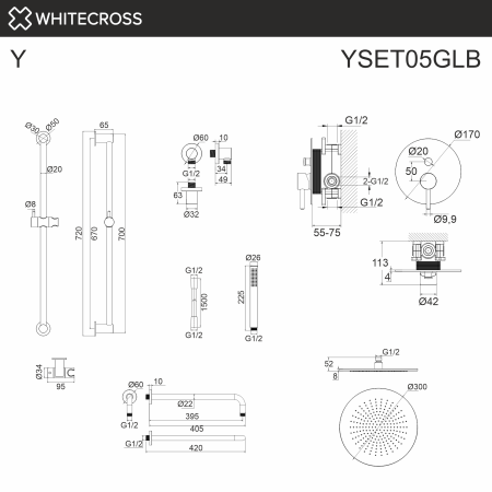 Душевой комплект с ручным и тропическим душем WHITECROSS Y YSET05GLB золото брашированное