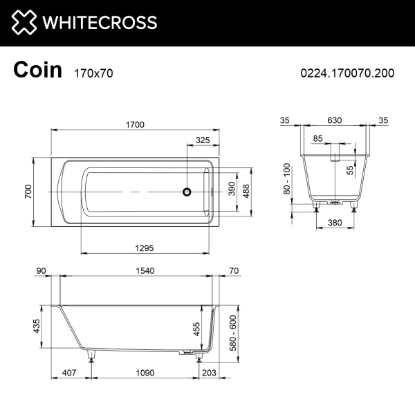 Ванна из искуственного камня WHITECROSS Coin 0224.170070.200 170х70 белый матовый