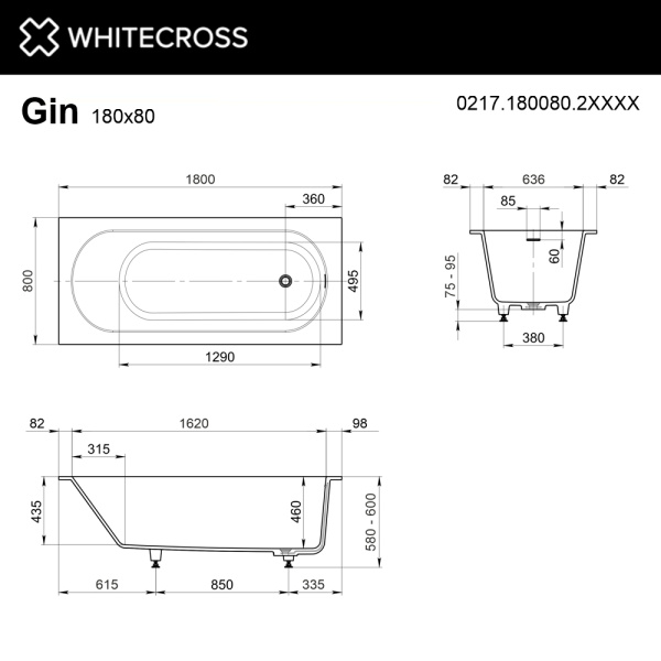 Ванна из искуственного камня WHITECROSS Gin 0217.180080.2XXXX 180х80 RAL матовый