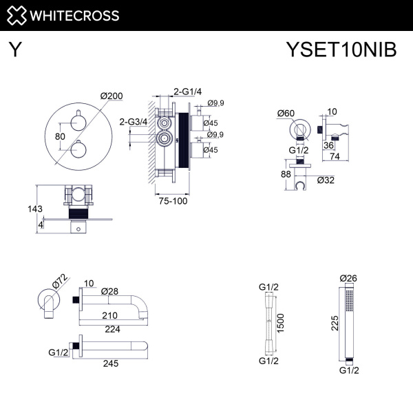 Душевой комплект с термостатом и изливом WHITECROSS Y YSET10NIB никель брашированный
