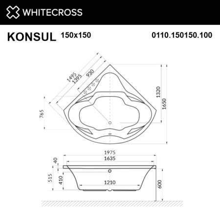 Акриловая ванна WHITECROSS Konsul "RELAX" 0110.150150.100.RELAX.WH 150х150 белая глянцевая