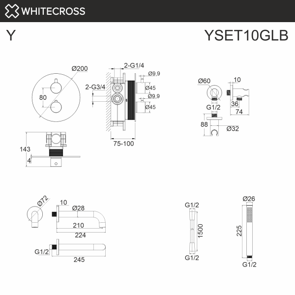 Душевой комплект с термостатом и изливом WHITECROSS Y YSET10GLB золото брашированное