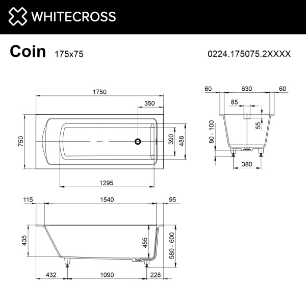 Ванна из искуственного камня WHITECROSSCoin 0224.175075.2XXXX 175х75 RAL матовый