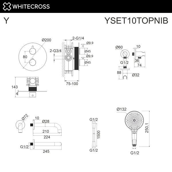 Душевой комплект с термостатом и изливом WHITECROSS Y YSET10TOPNIB никель брашированный
