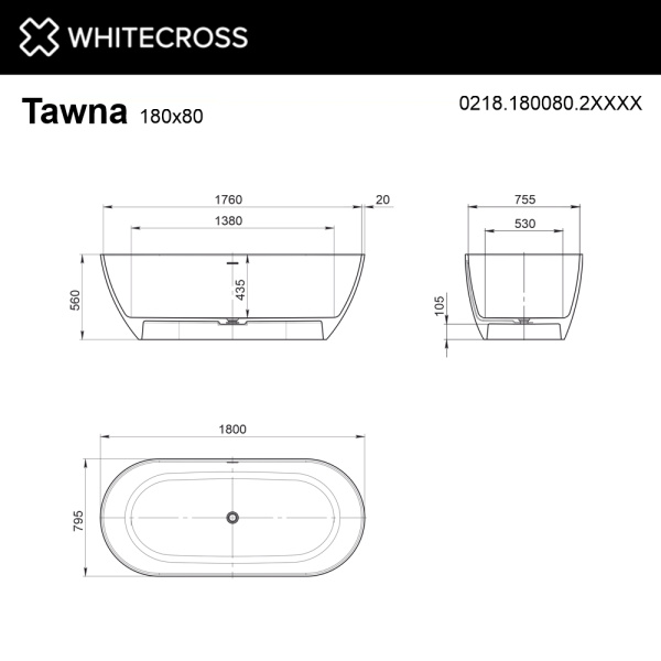 Ванна из искуственного камня WHITECROSS Tawna 0218.180080.2XXXX 180х80 RAL матовый