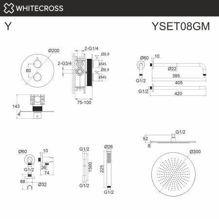 Душевой комплект с термостатом и тропическим душем WHITECROSS Y YSET08CPB медь брашированная