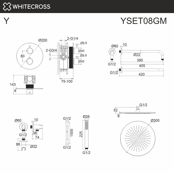 Душевой комплект с термостатом и тропическим душем WHITECROSS Y YSET08CPB медь брашированная