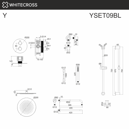 Душевой комплект с термостатом и тропическим душем WHITECROSS Y YSET09BL черный матовый