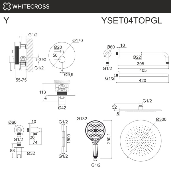 Душевой комплект с ручным и тропическим душем WHITECROSS Y YSET04TOPGL золото гленцевое