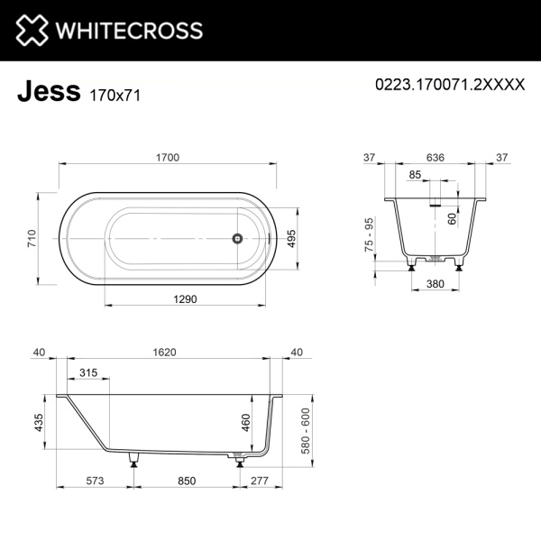 Ванна из искуственного камня WHITECROSS Jess 0223.170071.2XXXX 170х71 RAL матовый