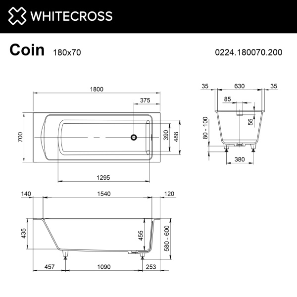 Ванна из искуственного камня WHITECROSS Coin 0224.180070.200 180х70 белый матовый