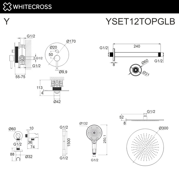 Душевой комплект с ручным и тропическим душем WHITECROSS Y YSET12TOPGLB золото брашированное