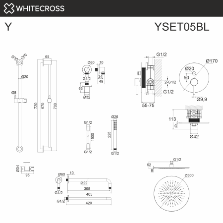 Душевой комплект с ручным и тропическим душем WHITECROSS Y YSET05BL черный матовый