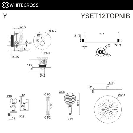 Душевой комплект с ручным и тропическим душем WHITECROSS Y YSET12TOPNIB никель брашированный