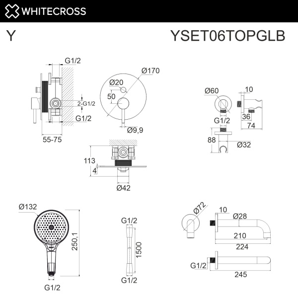 Душевой комплект с изливом WHITECROSS Y YSET06TOPGLB золото брашированное