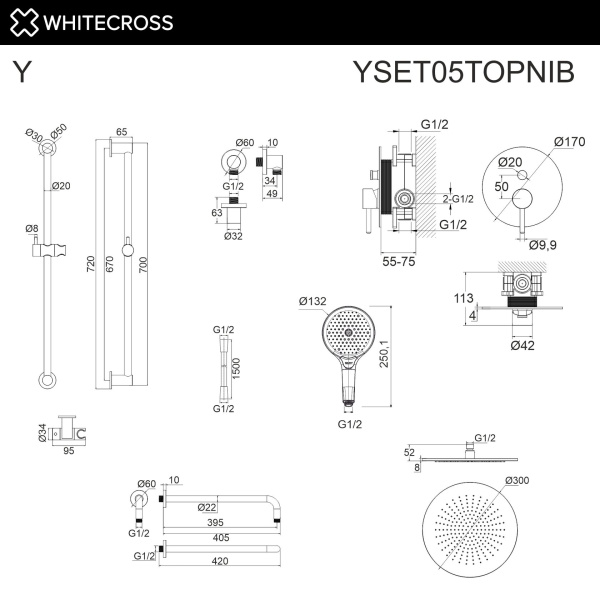 Душевой комплект с ручным и тропическим душем WHITECROSS Y YSET05TOPNIB никель брашированный