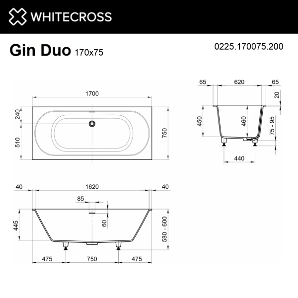 Ванна из искуственного камня WHITECROSS Gin Duo 0225.170075.200 170х75 белый матовый
