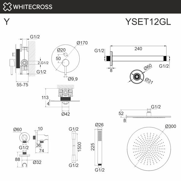 Душевой комплект с потолочным тропическим душем WHITECROSS Y YSET12GL золото гленцевое