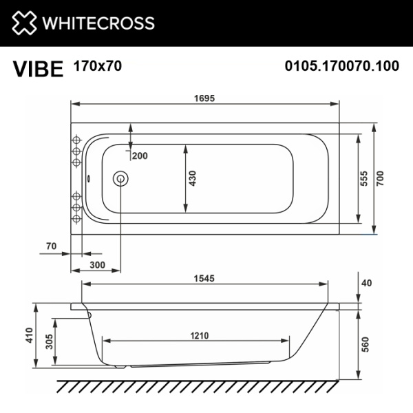 Акриловая ванна WHITECROSS Vibe "RELAX" 0105.170070.100.RELAX.CR 170х70 белая глянецевая/хром