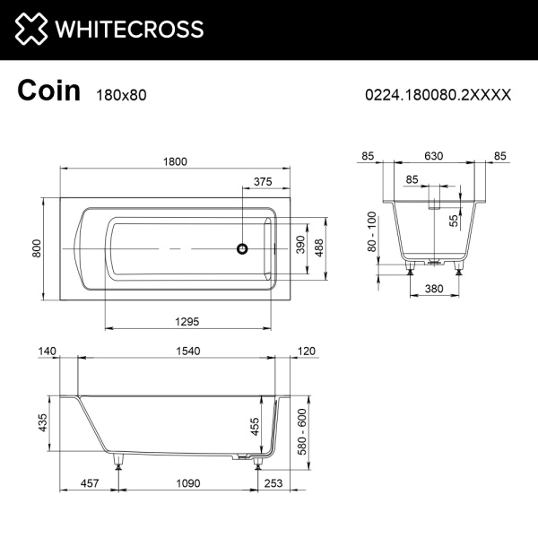 Ванна из искуственного камня WHITECROSSCoin 0224.180080.2XXXX 180х80 RAL матовый