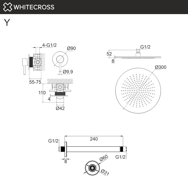 Душевой комплект с потолочным тропическим душем WHITECROSS Y Y1300BL/Y1321BL/Y1245BL черный матовый