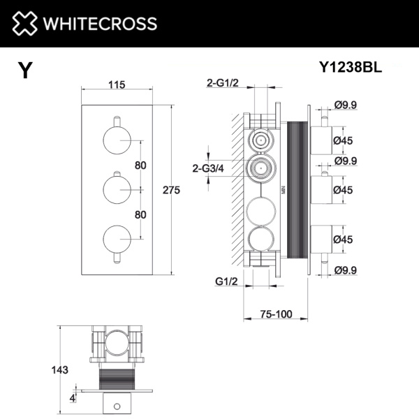 Смеситель термостатический встраиваемый WHITECROSS Y Y1238BL черный матовый