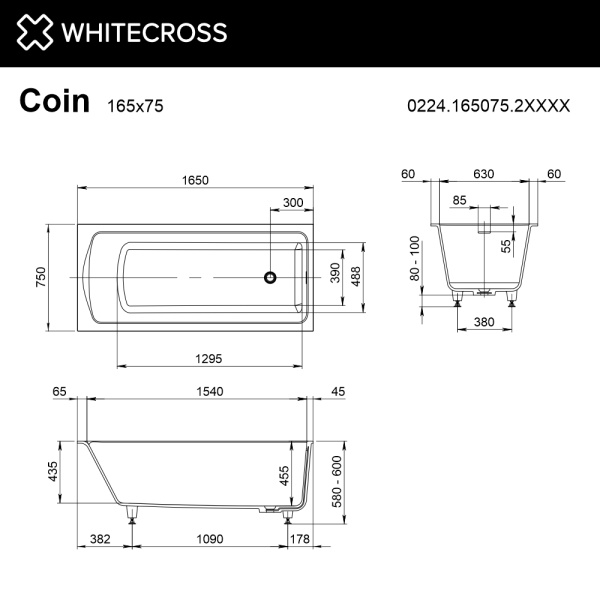 Ванна из искуственного камня WHITECROSSCoin 0224.165075.2XXXX 165х75 RAL матовый
