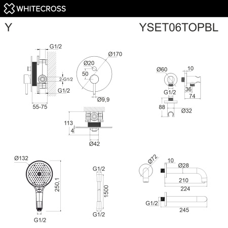 Душевой комплект с изливом WHITECROSS Y YSET06TOPBL черный матовый